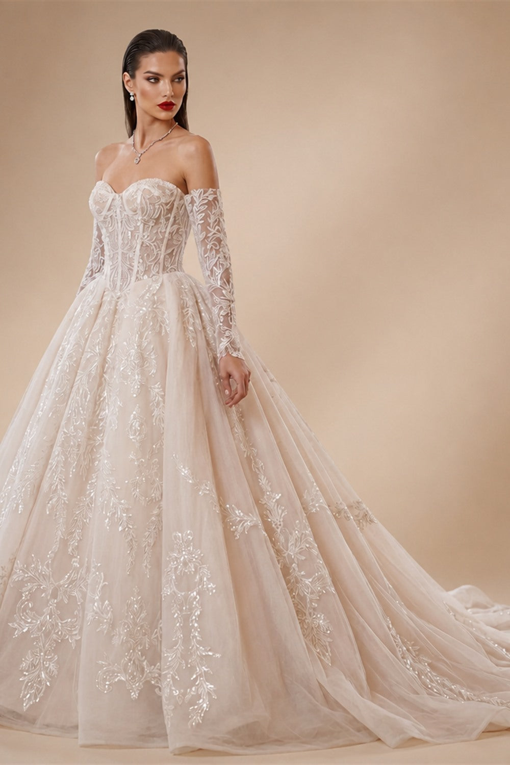 Elegant Ivory Strapless Corset Lace Tulle Bridal Gown Wedding Dress with Long Detachable Sleeves ZP067