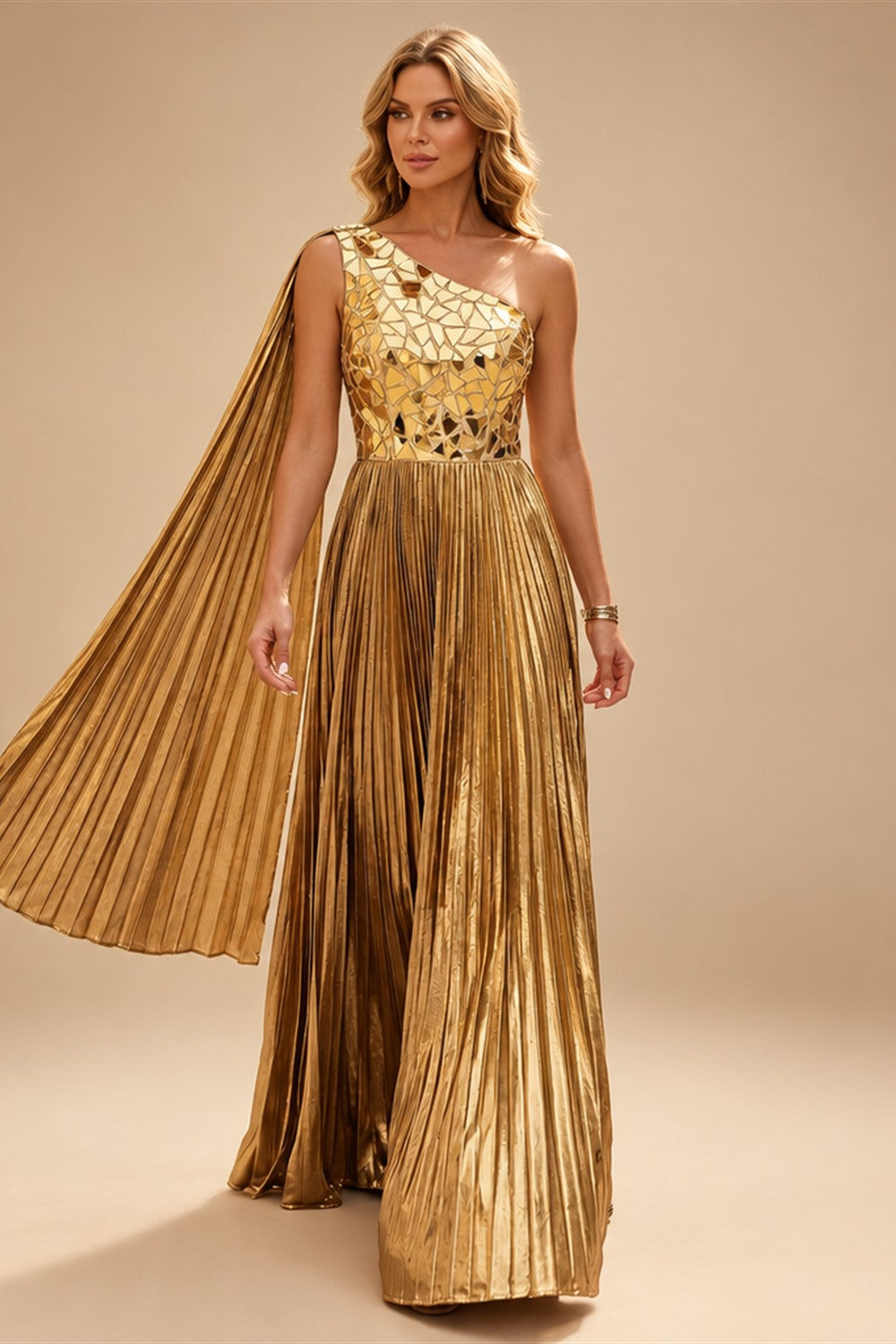 Metallic Satin Pleated One Shoulder Evening Dress Floor-Length Formal Gown | ZapDress