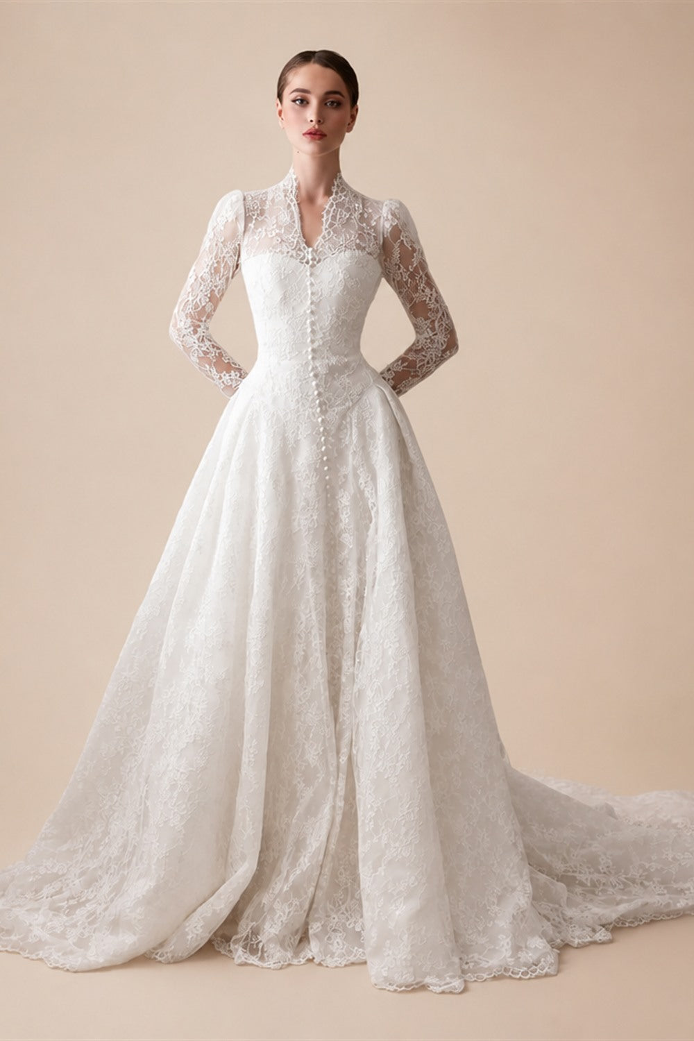 Vintag White Lace High Neck Long Sleeve A-Line Wedding Dress with Train ZP110