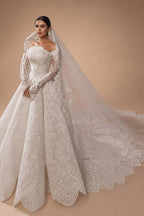 Luxury White Lace Long Sleeve Fitted Train Wedding Dress with Veil ZP155
