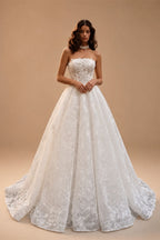 White Corset Strapless Lace Applique Tulle Bridal Ball Gown Wedding Dress ZP008