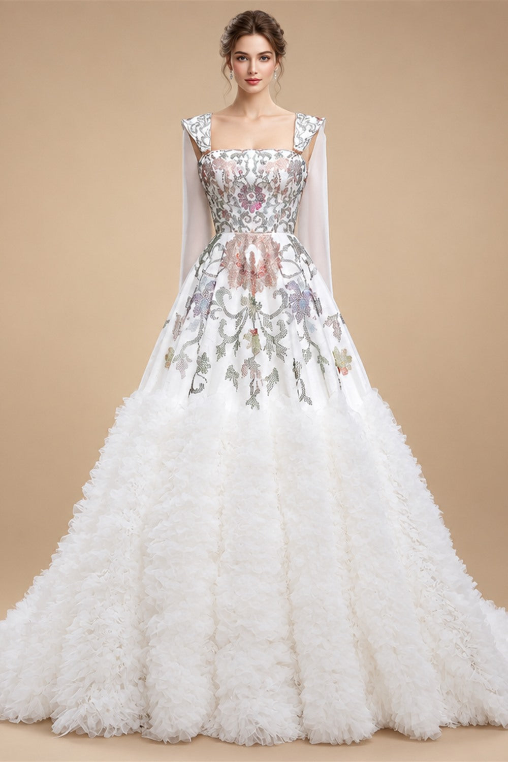 Luxury White Off-Shoulder Diamond Ball Gown Wedding Dress with Cape ZP187