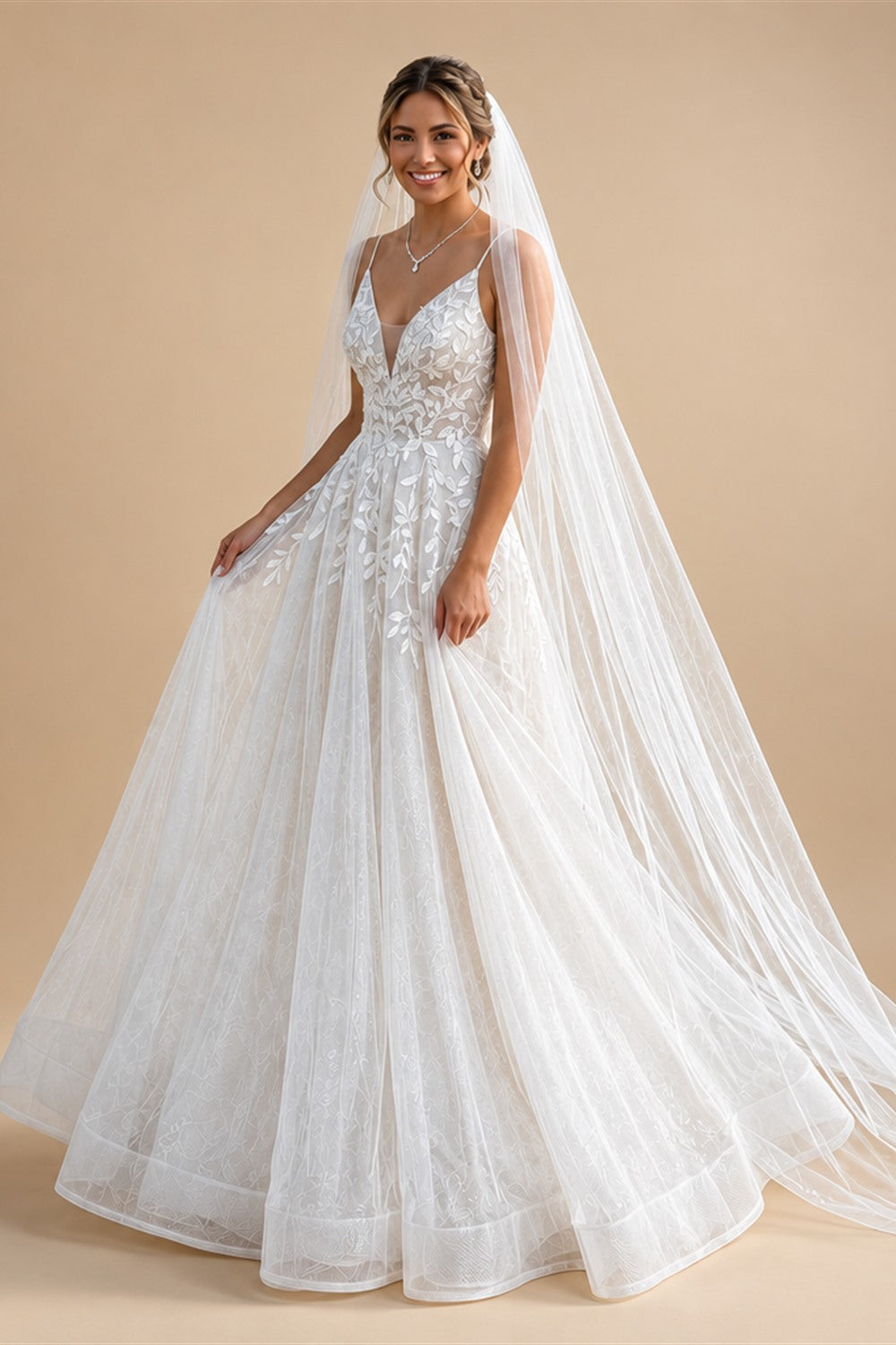 Spaghetti Strap V-Neck Lace Wedding Dress with Leaf Embroidery | ZapDress