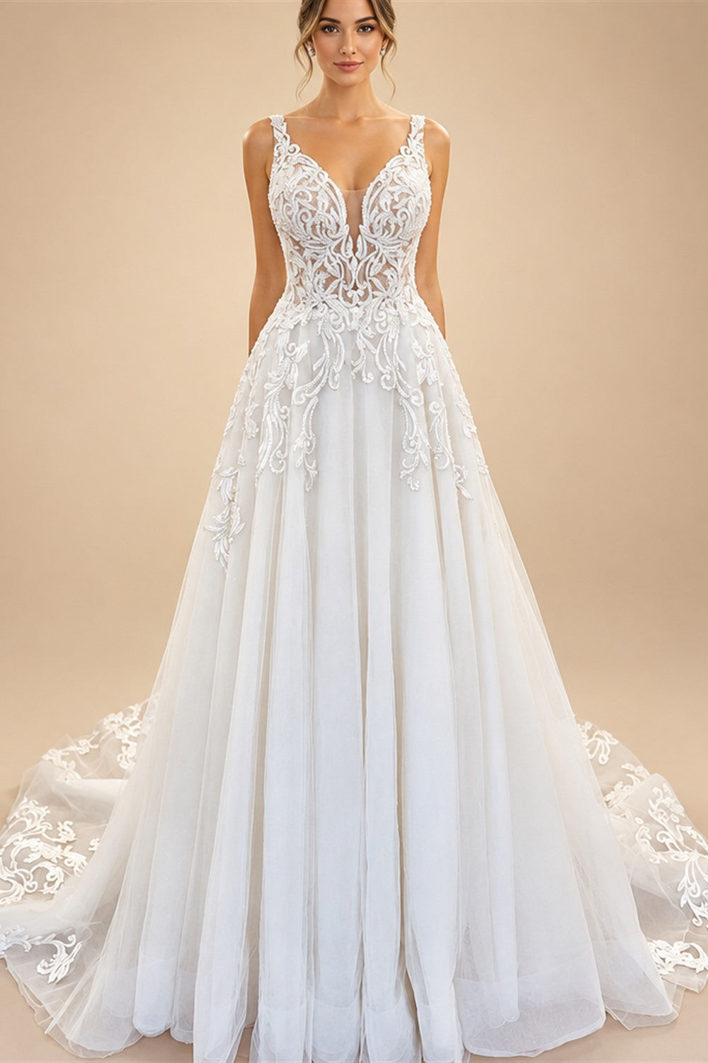 Flowy A Line Tulle V Neck Wedding Dress With Custom Made Beach Bridal Gown