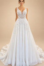 Flowy A Line Tulle V Neck Wedding Dress With Custom Made Beach Bridal Gown