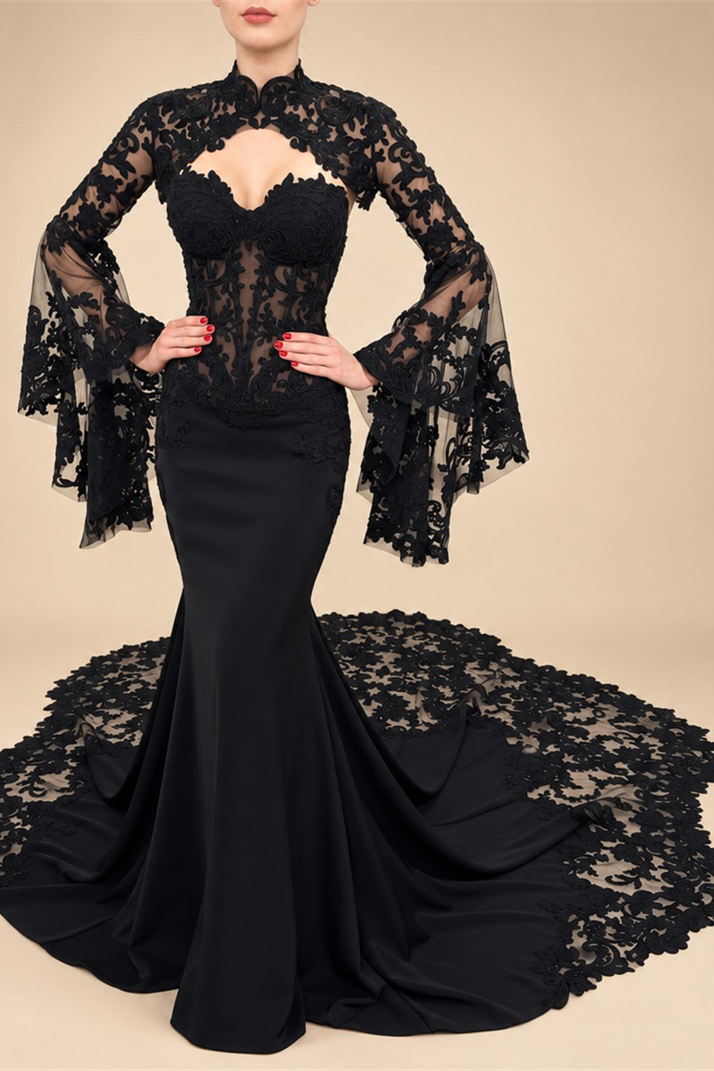 Black Luxury Gothic  Wedding Dress Sheer Lace Mermaid  ZP200