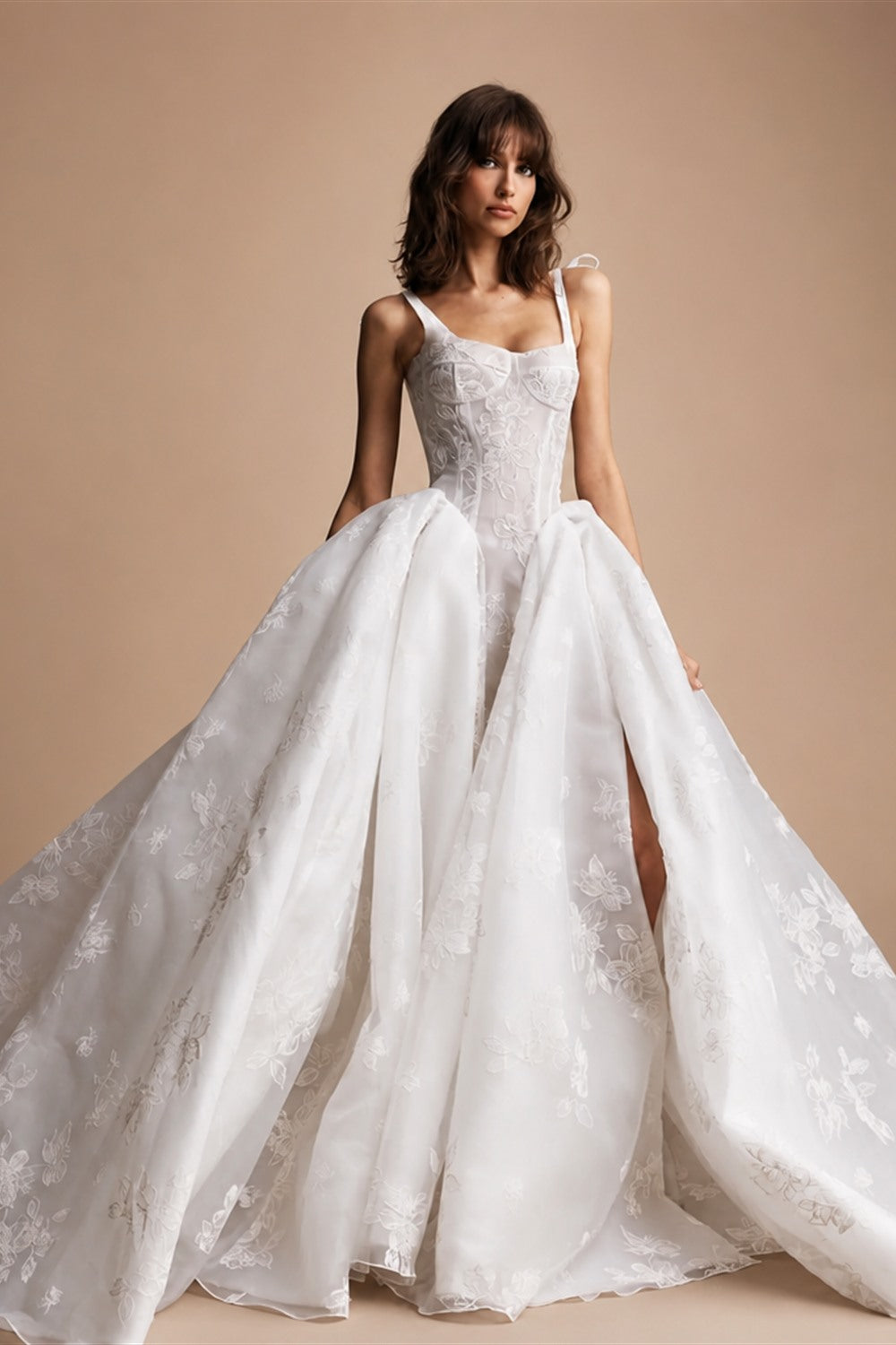 Luxury Ivory Lace Embroidery High-Slit Train Wedding Dress ZP151