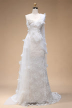 Luxury White One-Shoulder Lace Ruched Bow Mermaid Wedding Dress ZP157
