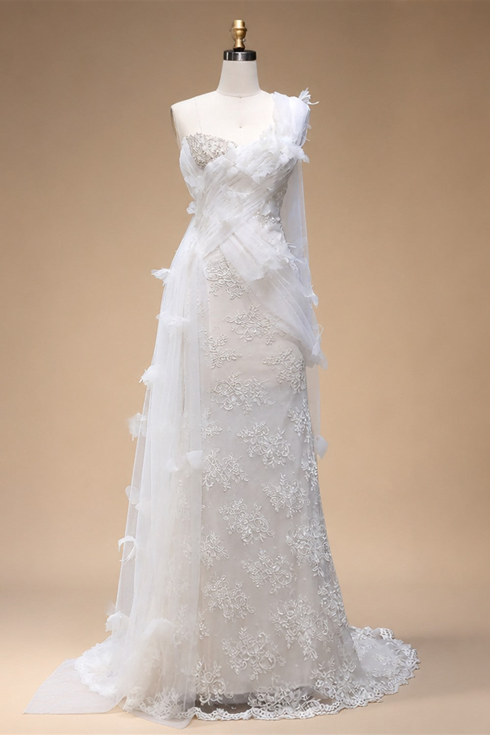 Luxury White One-Shoulder Lace Ruched Bow Mermaid Wedding Dress ZP157