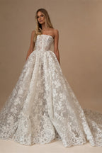 Glamorous White Strapless Floral Lace Wedding Dress with Veil ZP095