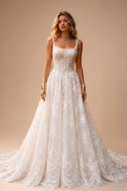 White Lace Spaghetti Strap Bridal Gown Square Neck Beaded Corset Ball Gown ZP012