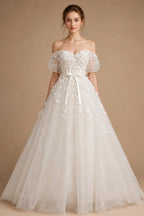 White 3D Floral Applique Sweetheart Ball Gown Wedding Dress ZP007