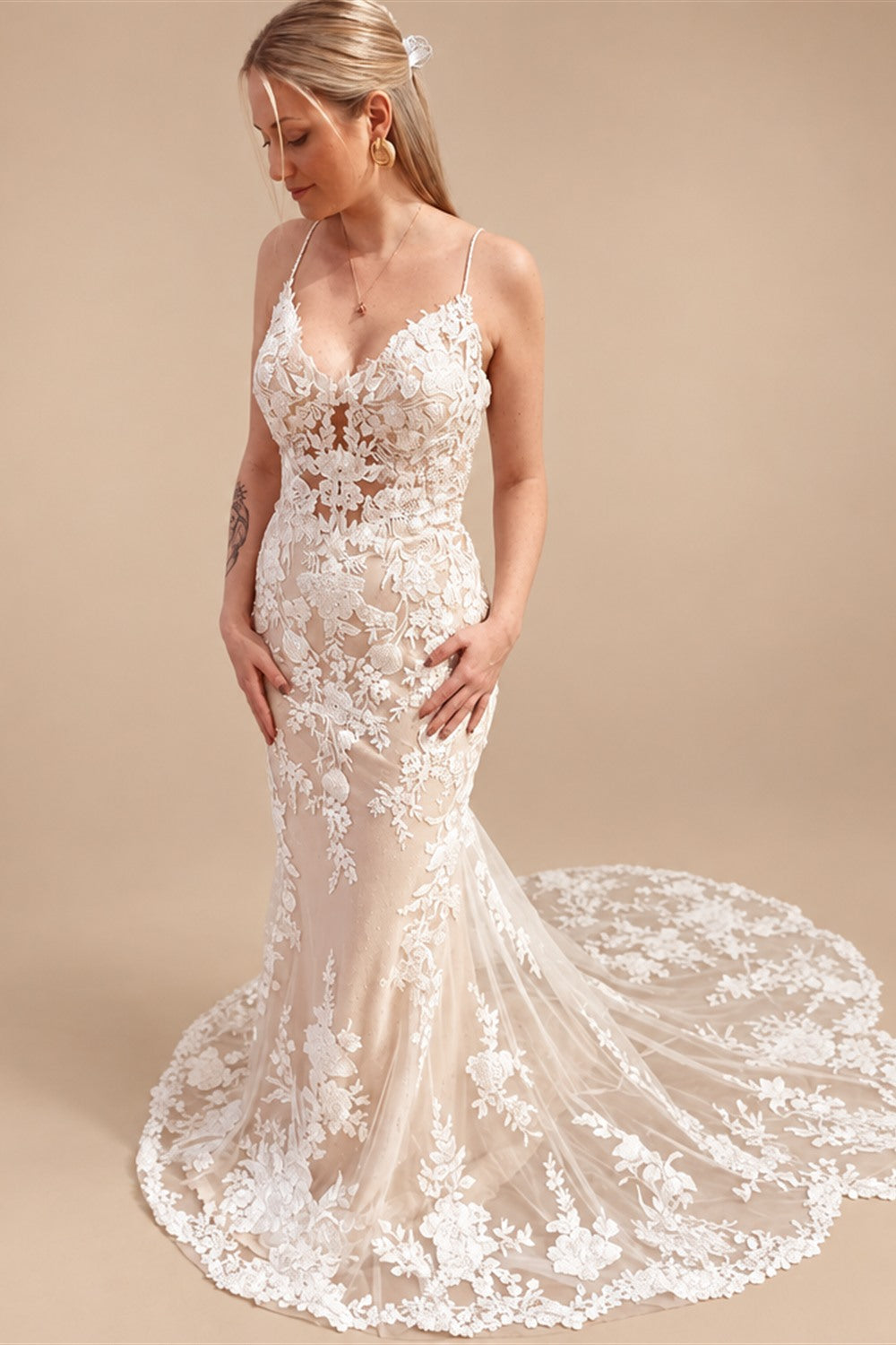 Spaghetti Straps Mermaid Wedding Dresses Champagne Bride Dress