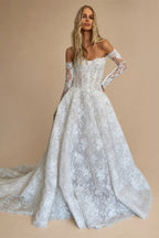 Regal White Off-the-Shoulder Long Sleeve Lace Ball Gown Wedding Dress ZP087