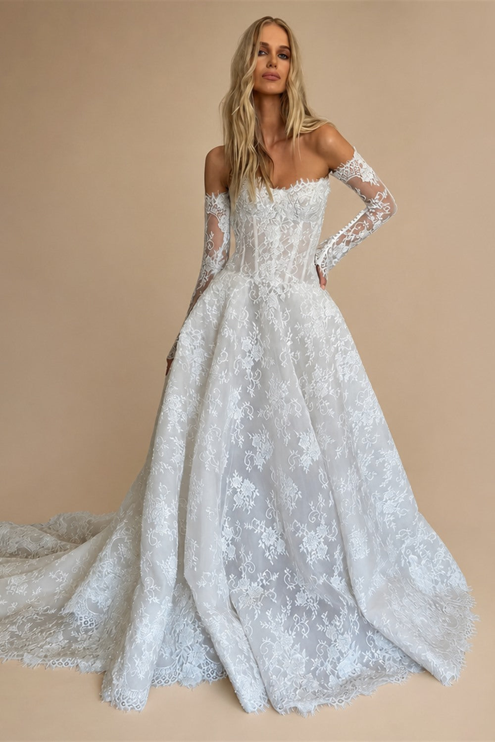 Regal White Off-the-Shoulder Long Sleeve Lace Ball Gown Wedding Dress ZP087