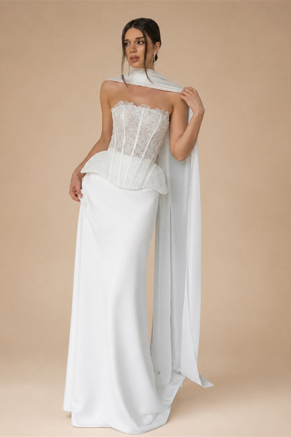 Strapless Lace Corset Wedding Dresses with Scarf ZP024