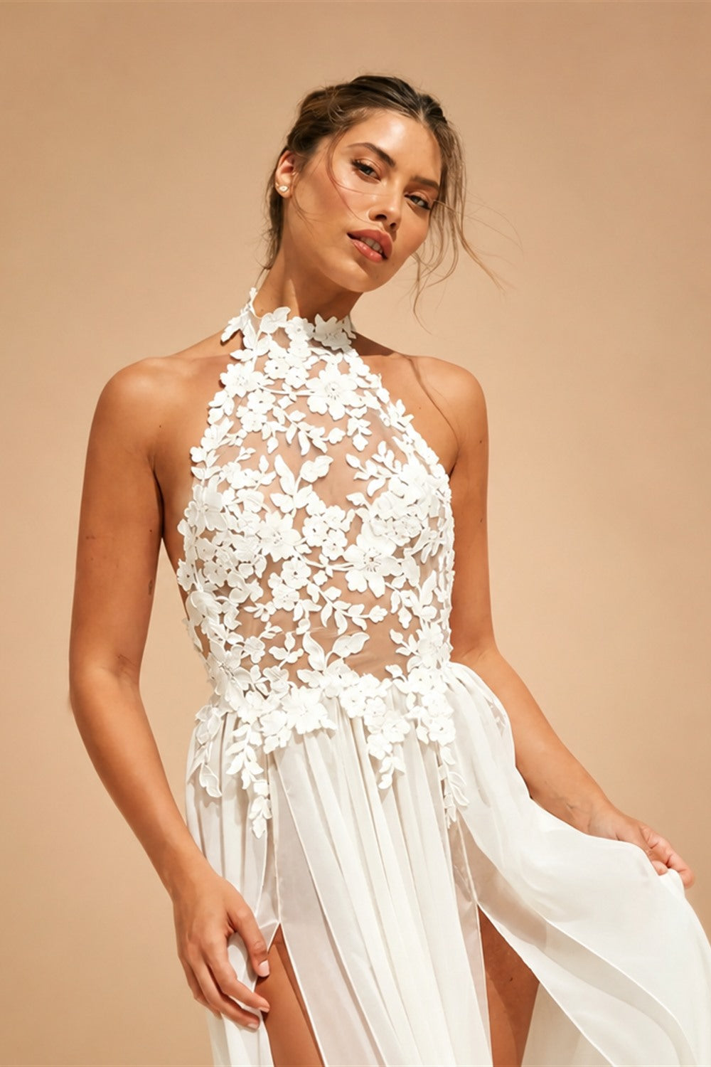 Romantic Halter Neck 3D Floral Lace Sheer Slit Wedding Dress ZP041