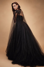 Black Luxury Gothic  Wedding Dress Beaded Tulle Ball Gown With Sheer Beaded Cape ZP028