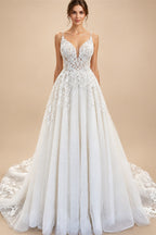 Flowy A Line Tulle V Neck Wedding Dress With Custom Made Beach Bridal Gown