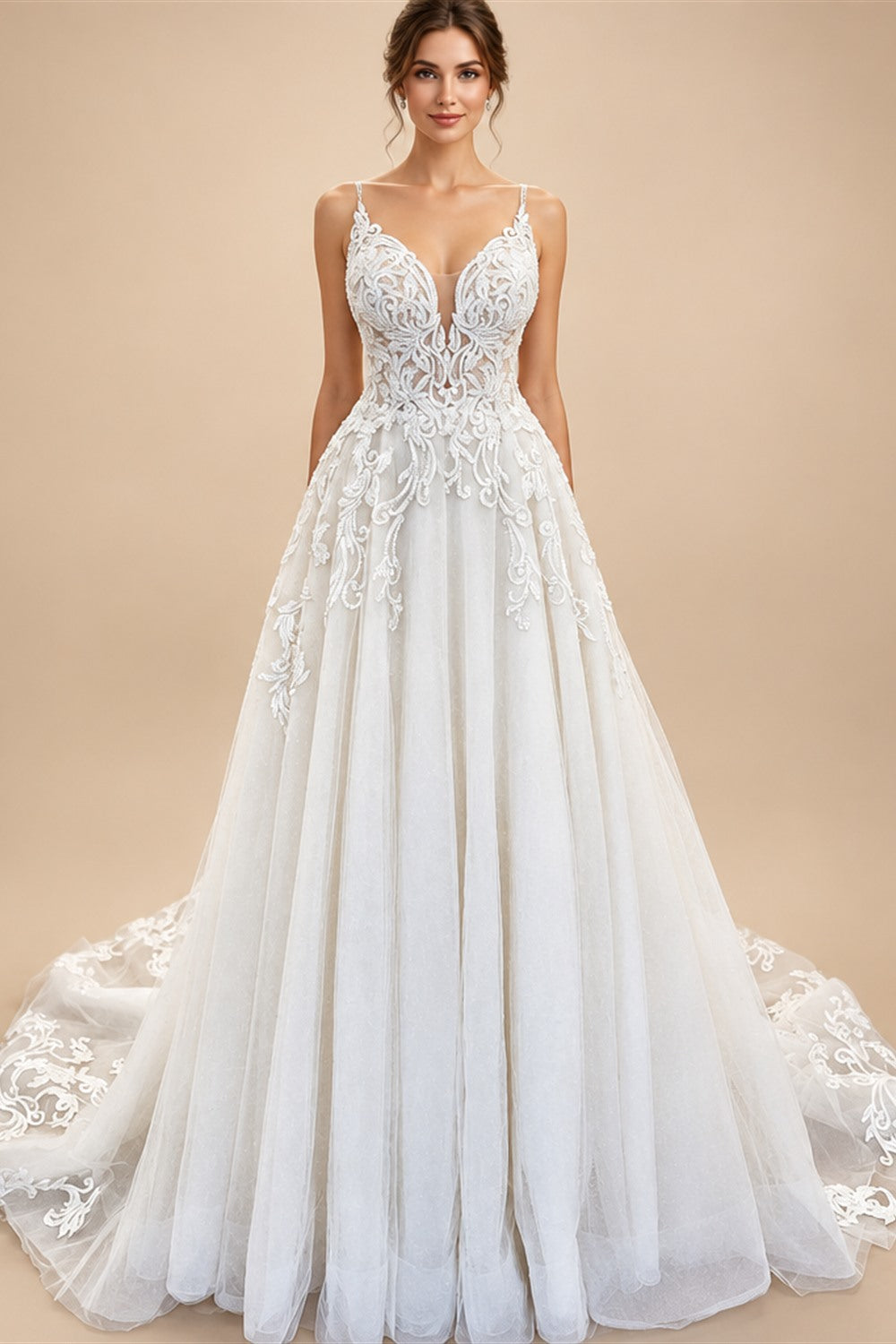 Flowy A Line Tulle V Neck Wedding Dress With Custom Made Beach Bridal Gown