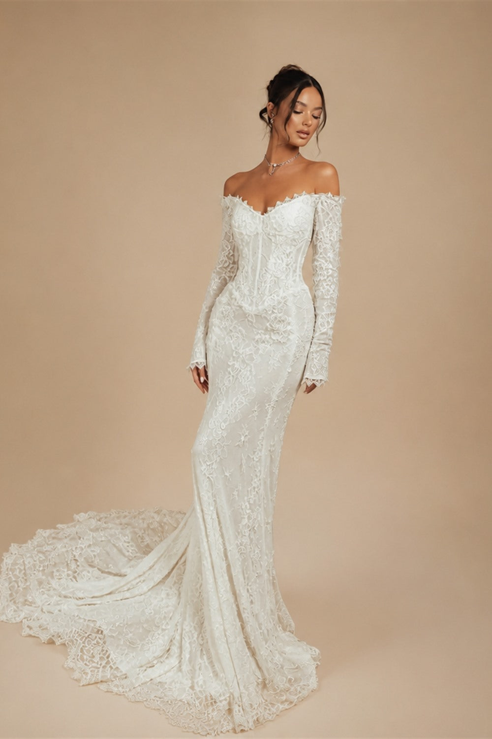 White Off the Shoulder Long Sleeve Lace Mermaid Wedding Dress