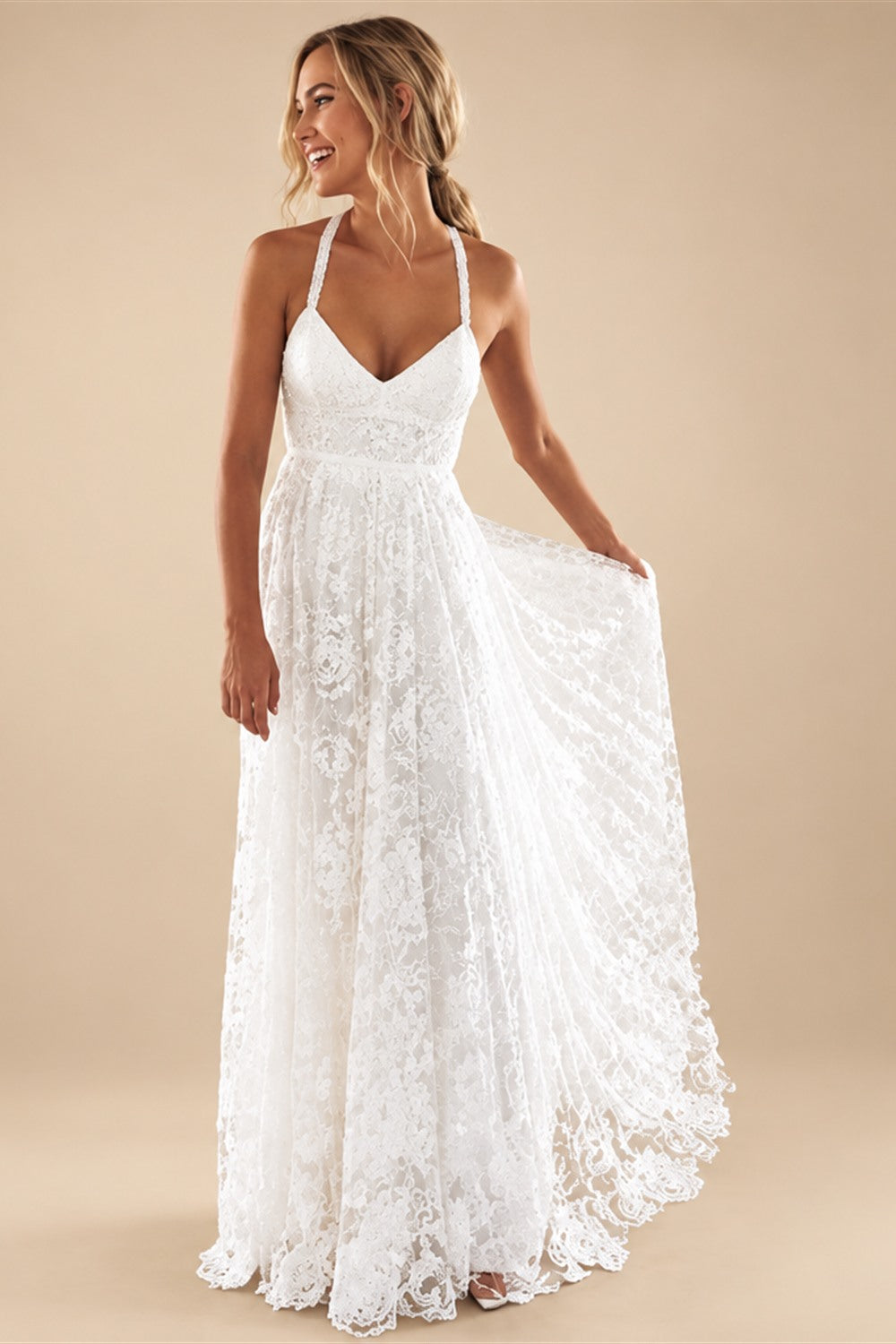 Charming Ivory Lace Floor Length V Neck Long Wedding Dresses on Line