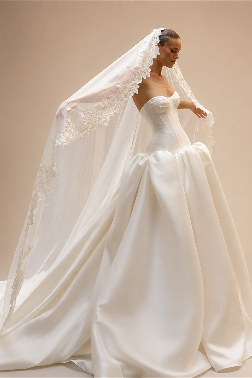 Classic White Satin Strapless Ball Gown Wedding Dress with Veil ZP114