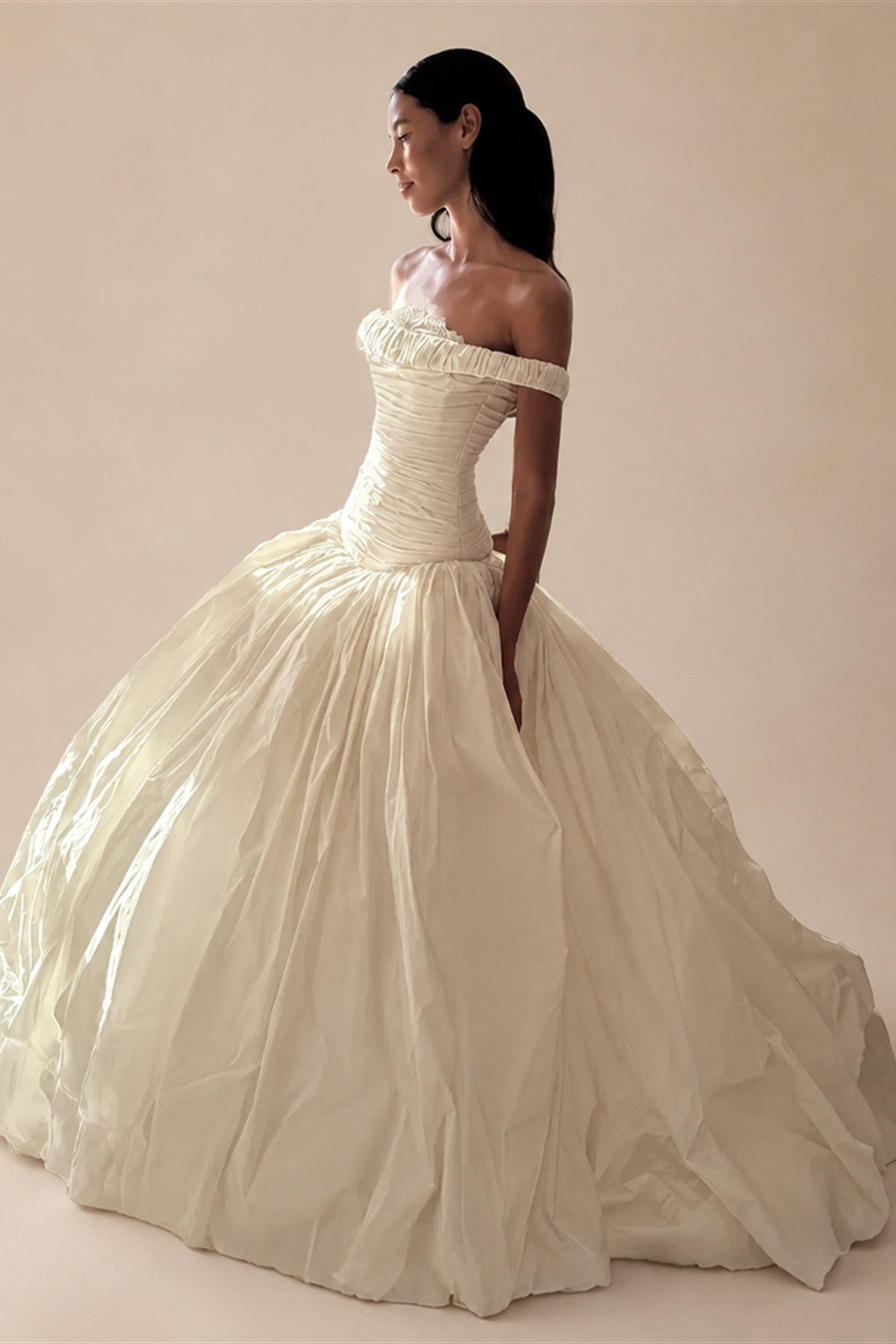 Elegant Ivory Strapless Ruched Satin Ball Gown Wedding Dress ZP070