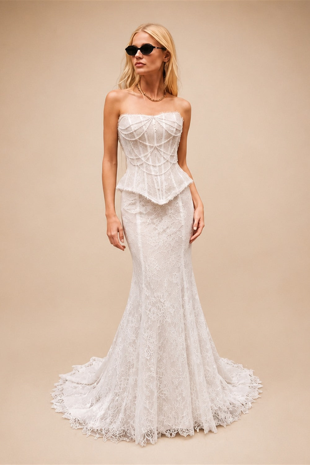 White Nude  Mermaid Wedding Dress Beaded Chain Detailing With Lace Train  ZP039