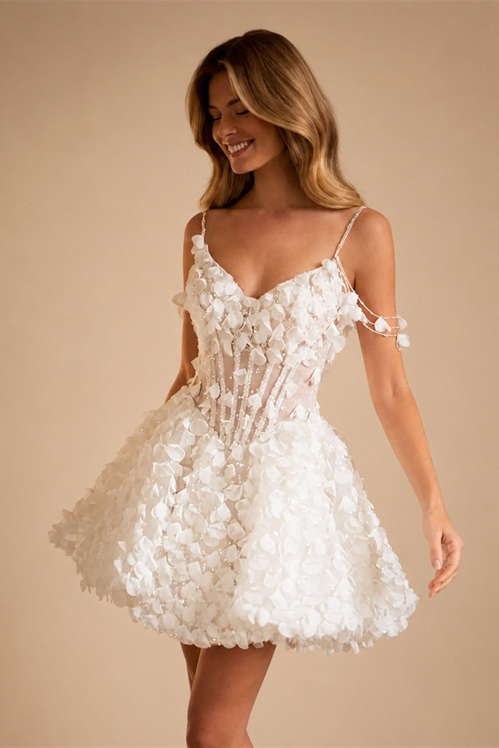 3D Petal Sheer Crystal Corset Mini Wedding Dresses ZP018