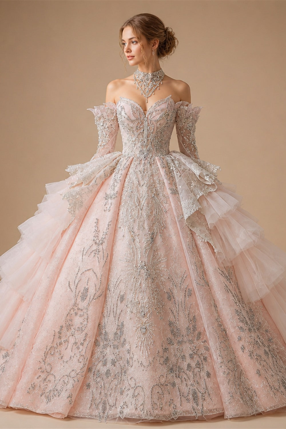 Luxury Embroidery Puff Sleeve Ball Gown Wedding Dress ZP156