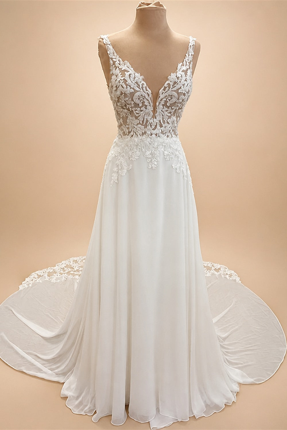 Custom Boho Chiffon Wedding Dress Long Open Back V Neck Lace Appliques Gown