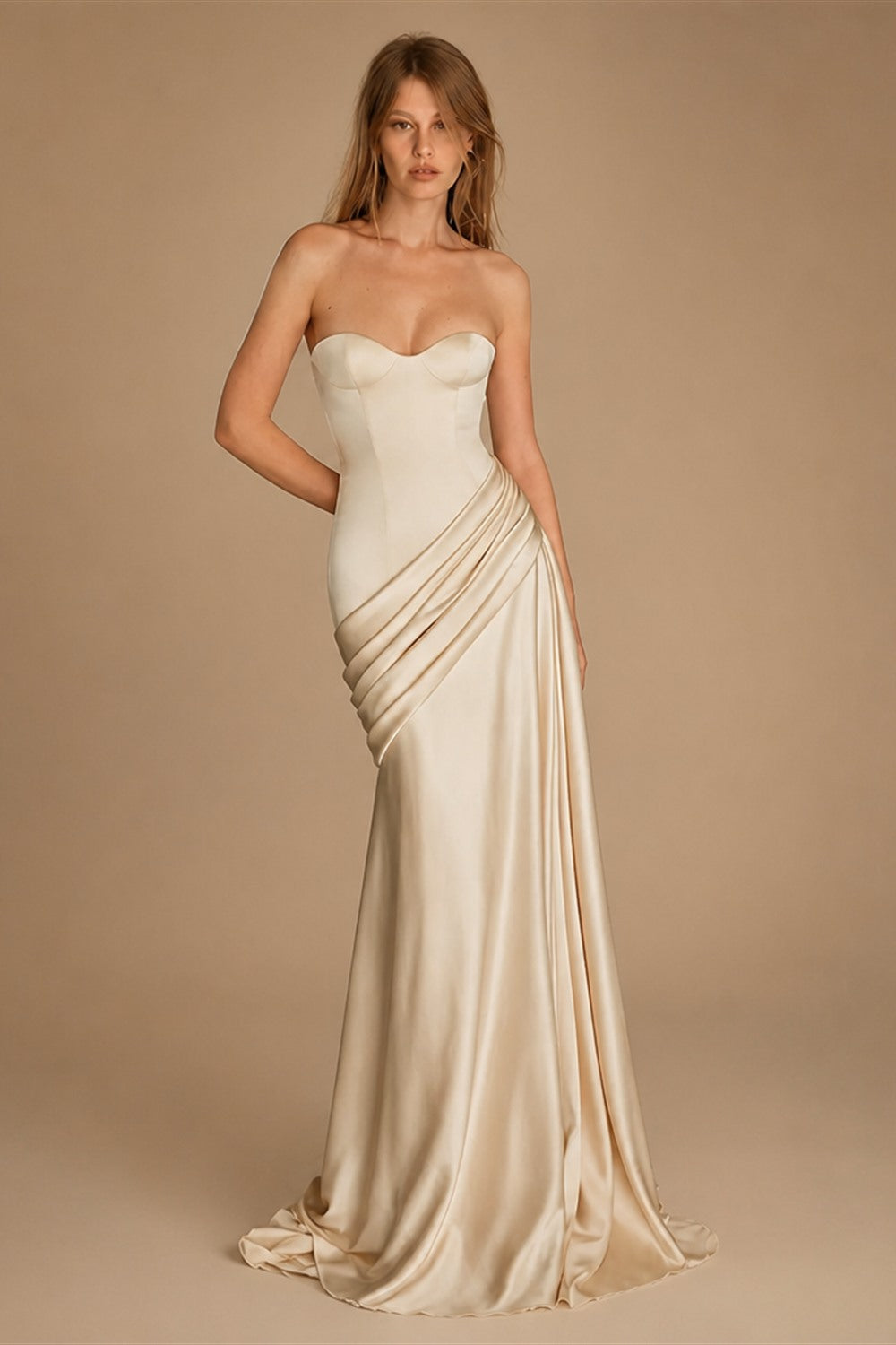 Elegant Strapless Sweetheart Draped Satin Mermaid Wedding Dress ZP042