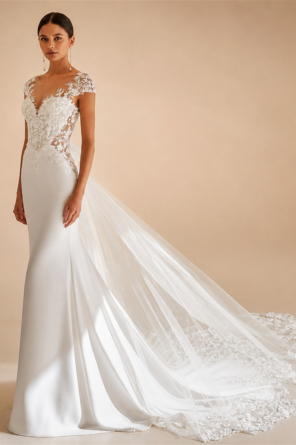 RoyceBridal Cap Sleeve Lace Mermaid Wedding Dress Low Back 3D Floral Appliques Bridal GownVestido De Novia Boda Customized