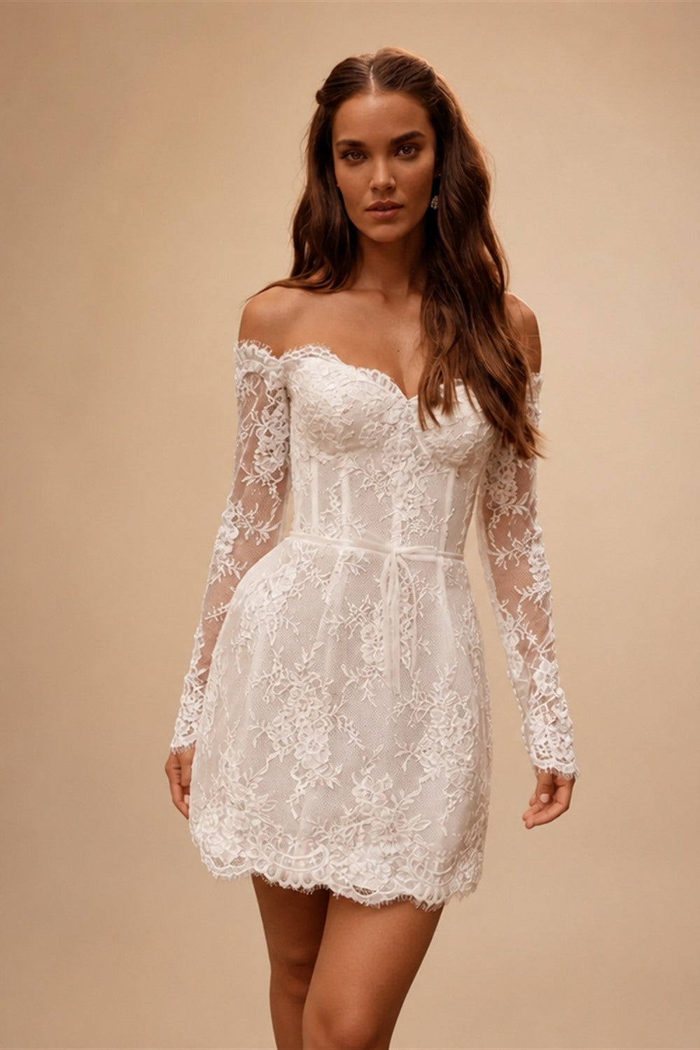 Luxury Ivory Off-the-Shoulder Long Sleeve Lace Mini Wedding Dress ZP134