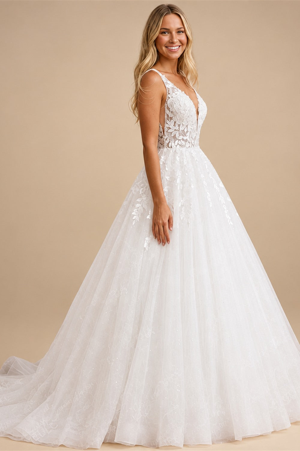 Custom Beaded V Neck Wedding Dress With Tassel And Lace Up Back