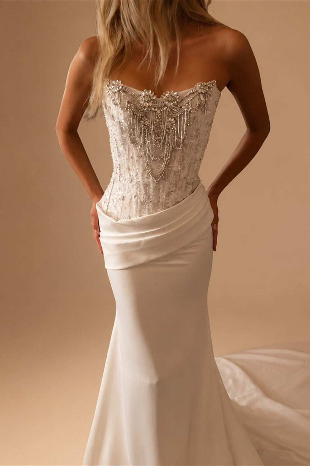Luxury White Strapless Beaded Fringe Bodice Satin Mermaid Wedding Dress ZP091