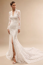 RoyceBridal Long Sleeve Floral Lace Mermaid Wedding Dress V Neck Front Slit Full Lace Back Chapel Train Bridal Gown Customized
