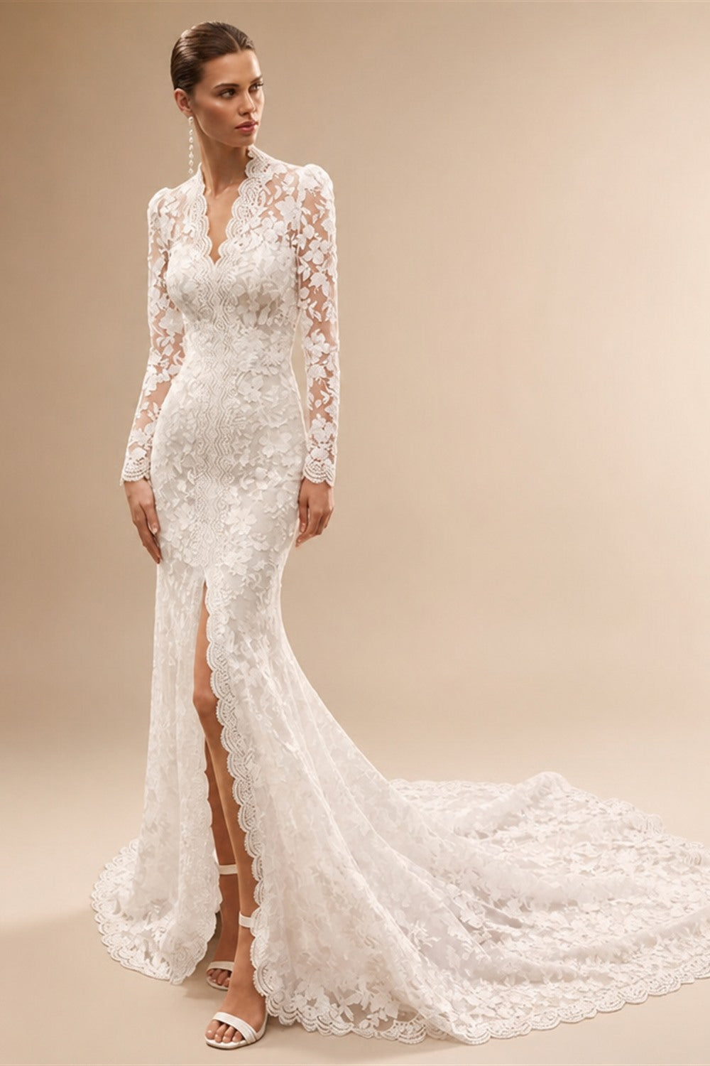 RoyceBridal Long Sleeve Floral Lace Mermaid Wedding Dress V Neck Front Slit Full Lace Back Chapel Train Bridal Gown Customized