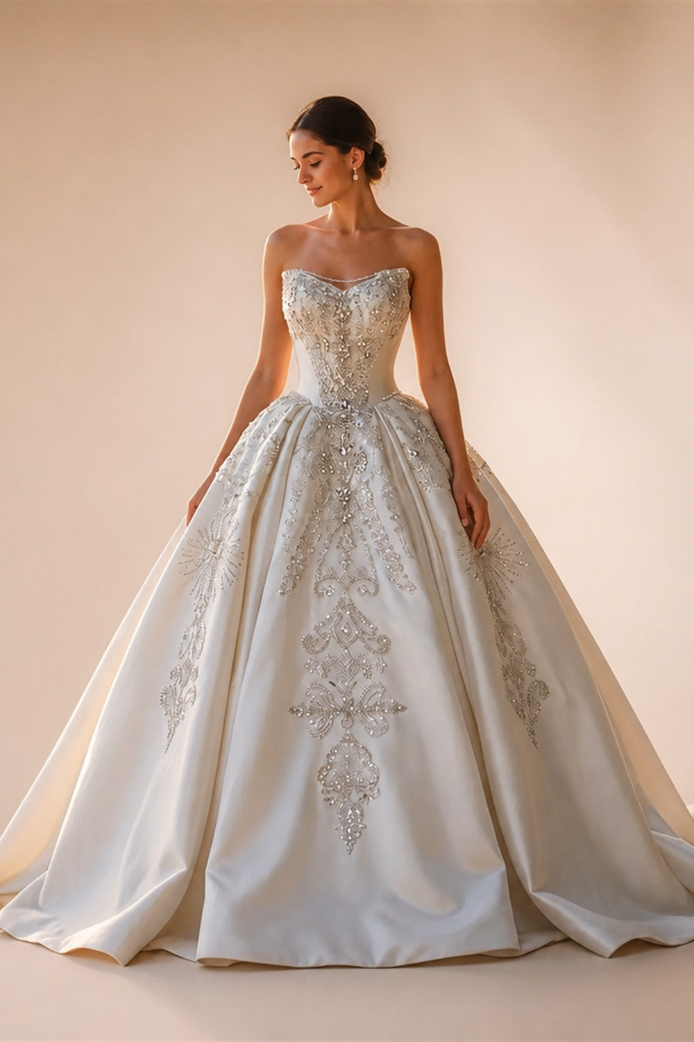 White Satin Strapless Ball Gown Wedding Dress with Luxurious Beaded Lace and Cathedral Train ZP016