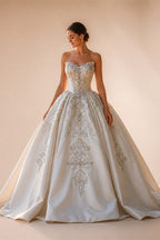 White Satin Strapless Ball Gown Wedding Dress with Luxurious Beaded Lace and Cathedral Train ZP016
