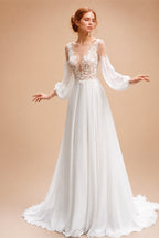 Wedding Dress Long Sleeve A-Line Appliques Beaded Bride Gown Beach Princess BECHOYER HB78 Plus Size Customized Vestido de Noiva