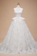 Luxury White A-Line Wedding Dress with Lace Embroidery and Overskirt ZP167