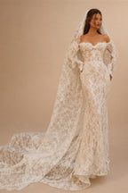 Bohemian Ivory Off-the-Shoulder Sheer Lace Mermaid Wedding Dress with Veil ZP128