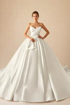 Classic Satin Strapless Sleeveless Bow Pleat A-Line Wedding Dresses Sweetheart Ball Gown Customized