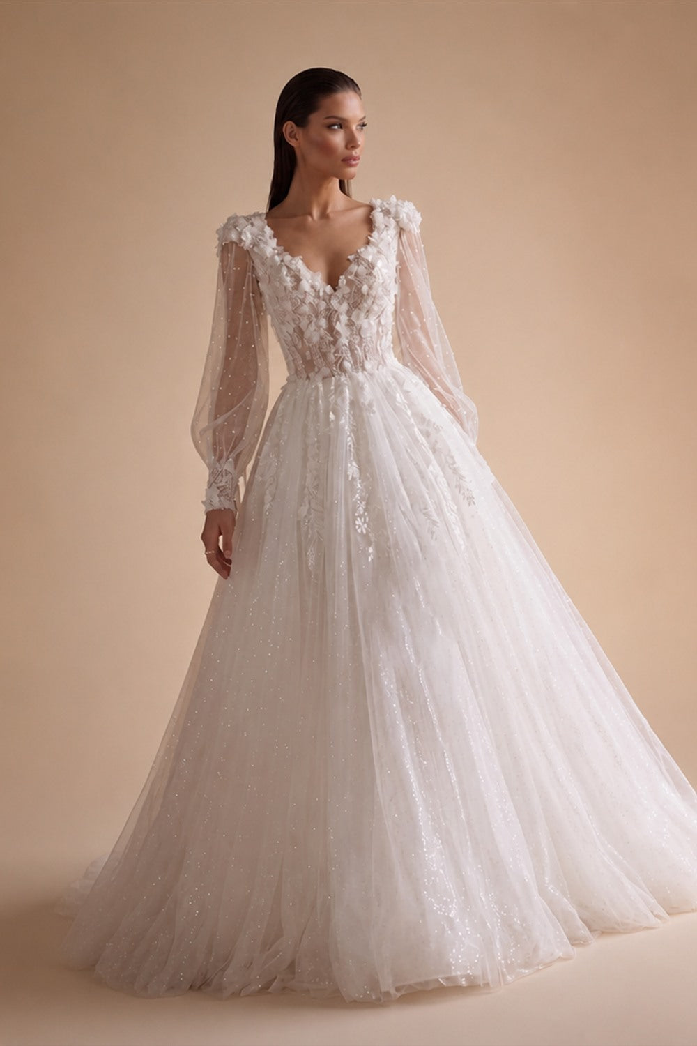 Elegant White V-Neck Long Sleeve Lace-Up Back A-Line Wedding Dress ZP060