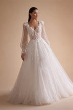 Elegant White V-Neck Long Sleeve Lace-Up Back A-Line Wedding Dress ZP060