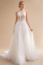 2027 Roycebridal Halter Neck Leaf Lace A Line Wedding Dress Keyhole Open Back Tied Soft Tulle Vestido De Novia Customized