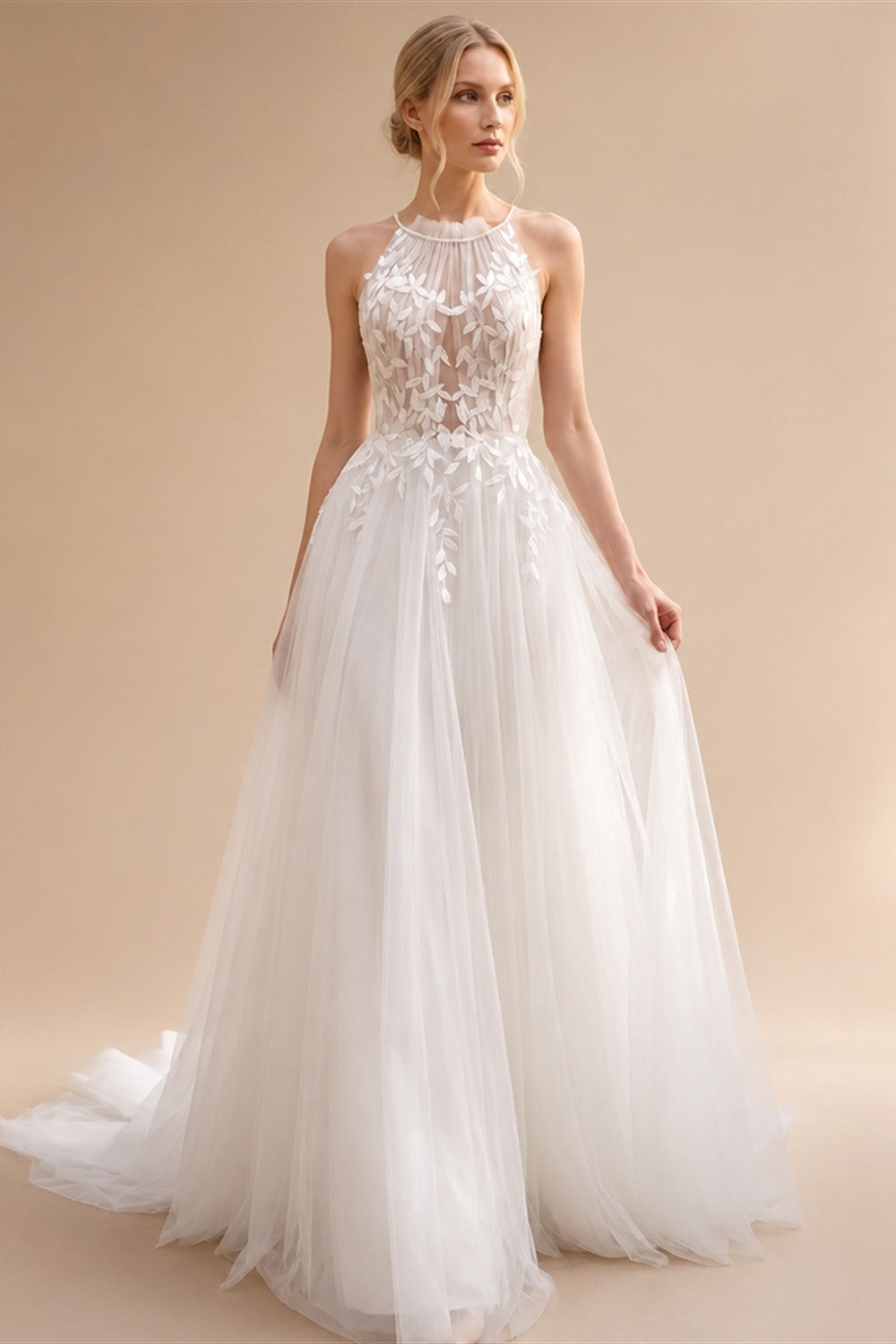 2027 Roycebridal Halter Neck Leaf Lace A Line Wedding Dress Keyhole Open Back Tied Soft Tulle Vestido De Novia Customized