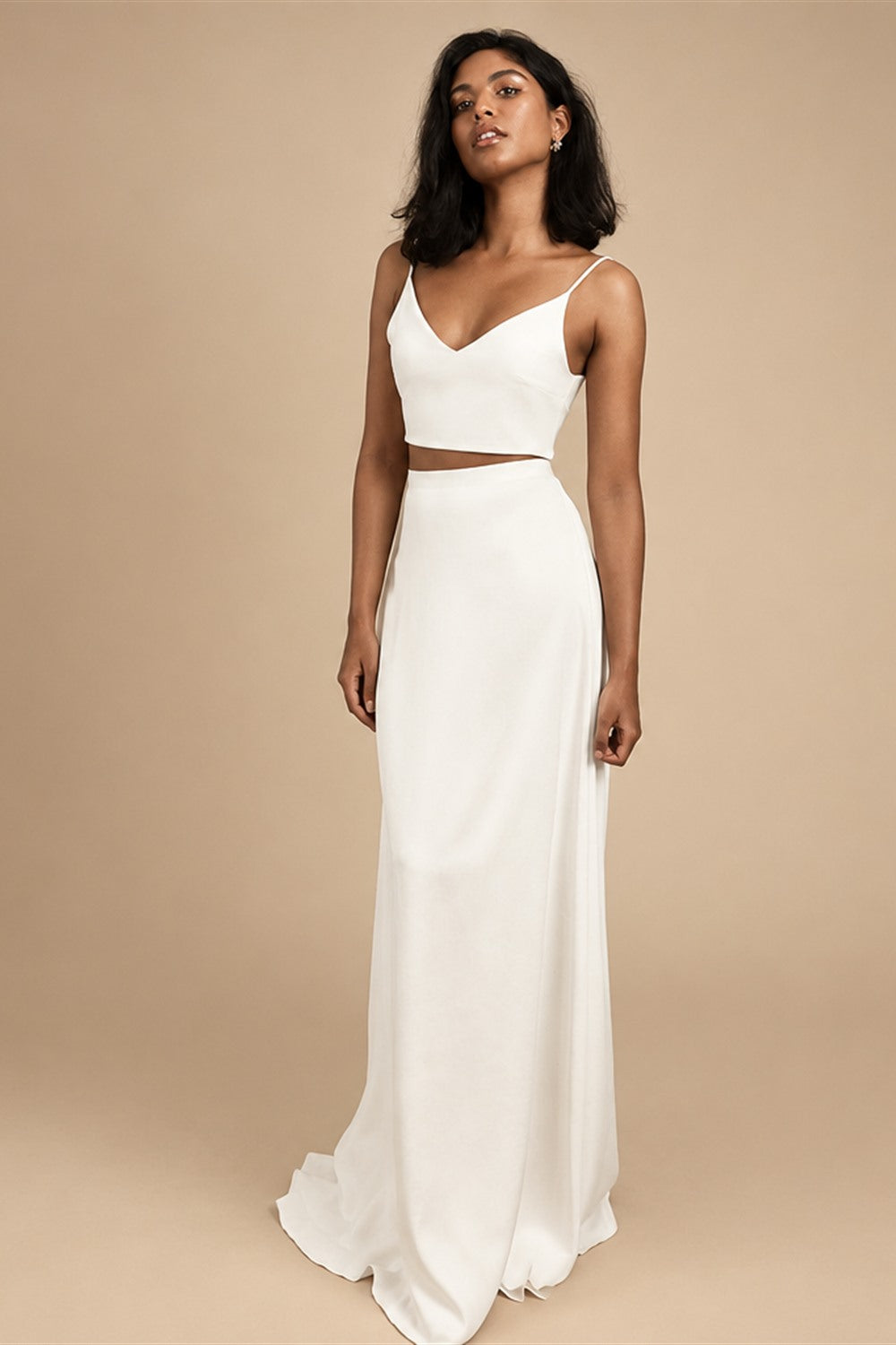 Simple Two Piece Wedding Dresses Beach Bridal Dresses Floor Length Satin Outfit Reception Gowns Spaghetti Straps